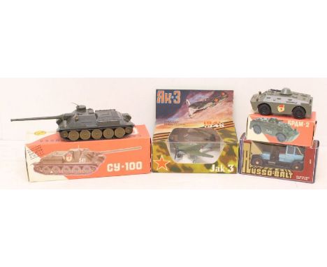 Diecast: A collection of four Soviet diecast scale models to comprise: YAK-3 WWII Airfighter, Scale 1:72; SU-100 WWII Tank, S