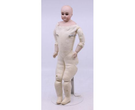 Doll: An unmarked, bisque head doll, open and close eyes, closed mouth, painted eyebrows, kid body. Head appears undamaged, b