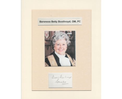 Betty Boothroyd (1929-2023) Speaker Of The House Of Commons Signed Card With 11x14 Mounted Photo Display. Good condition. All