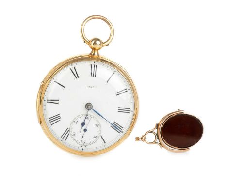 EIGHTEEN CARAT GOLD OPEN FACE POCKET WATCH,  the round dial with Roman hour markers, outer railroad seconds track and subsidi