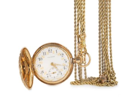 WALTHAM, FOURTEEN CARAT GOLD FOB WATCH  the round dial with Arabic hour markers and gilt decoration, 39mm case with engraved 