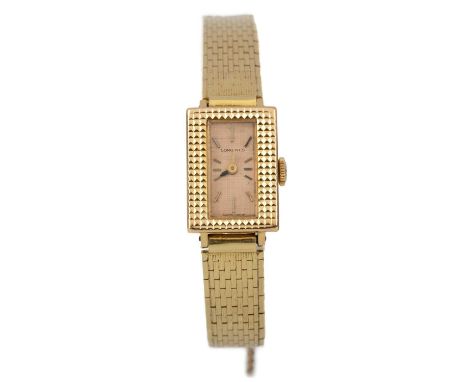 LONGINES, EIGHTEEN CARAT GOLD MANUAL WIND WRIST WATCH  the rectangular dial with baton hour markers, on an eighteen carat gol