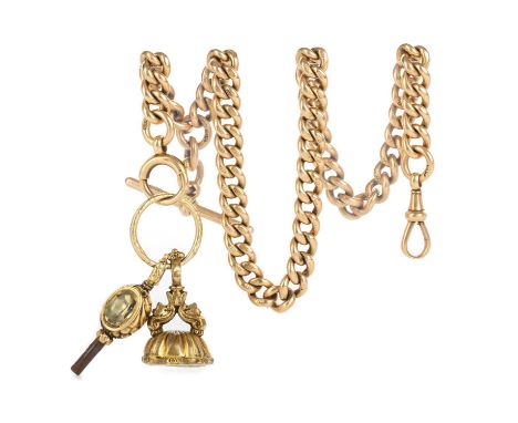 NINE CARAT GOLD ALBERT CHAIN, with T-Bar, dog clip, gold plated gem set watch key and fob37.5cm long