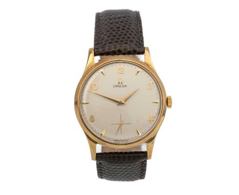 OMEGA, NINE CARAT GOLD MANUAL WIND WRIST WATCH  the round dial with Arabic and wedge hour markers, 33mm case with personal in