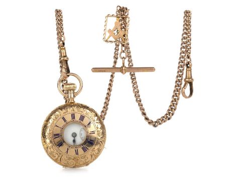 GOLD FOB WATCH ON CHAIN, the round enamel dial with Roman hour markers, 33mm case with engraved decoration to the case, on a 