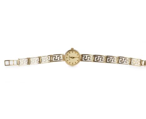 ROTARY NINE CARAT GOLD QUARTZ WRIST WATCH the round dial with baton markers, 17mm case, the bracelet of Greek Key pattern, la