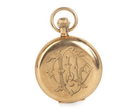 WALTHAM NINE CARAT GOLD HUNTER POCKET WATCH, the round dial with Roman hour markers, railroad outer seconds track and subsidi