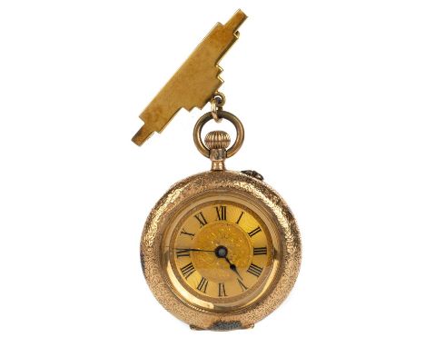 FOURTEEN CARAT GOLD FOB WATCH, the round dial with Roman hour markers, 30mm case, suspended from a nine carat gold bar brooch