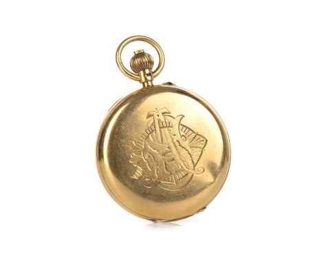 GOLD HUNTER POCKET WATCH, EIGHTEEN CARAT GOLD  the round white enamel dial with subsidiary dial, Roman hour markers, 50mm cas