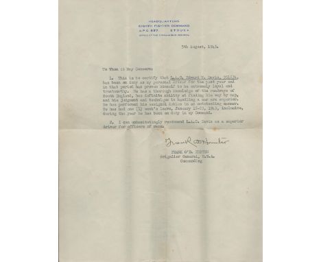 Military. Major General Frank O'Driscoll Hunter signed typed letter dated 5th August 1943 on Eight Fighter Command Headed Pap