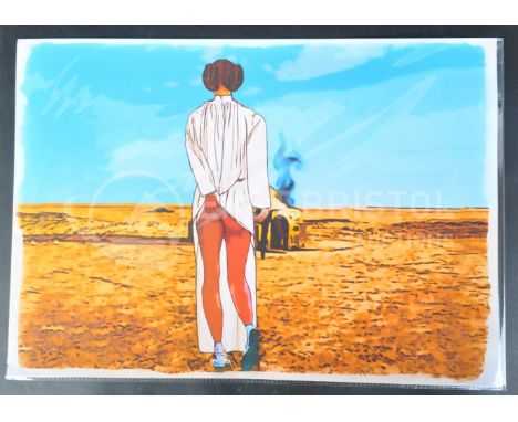 Estate of Dave Prowse - Fan Art - a colour print depicting Princess Leia on Tatooine, in a risqué / humorous pose. Skywalker'