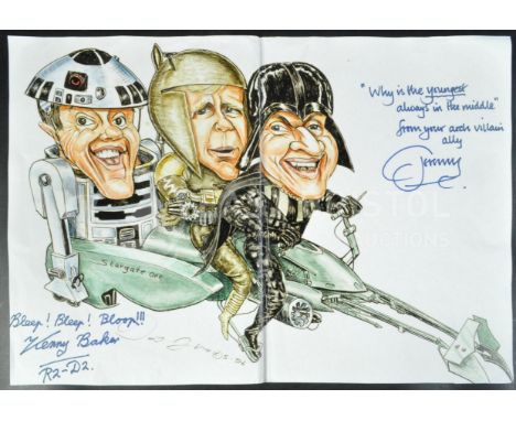 Estate of Dave Prowse - Jeremy Bulloch (1945-2020) and Kenny Baker (1934-2016) - autographed A3 comical artwork print showing