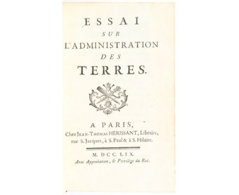 QUESNAY, François. Essai sur l'administration des terres. Paris, Herissant, 17598vo. 195x120 mm. Contemporary marbled sheepsk