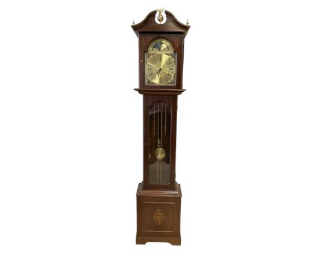 20th century - mahogany cased 30hr Longcase clock, with a swans neck pediment and brass finials, fully glazed trunk door on a