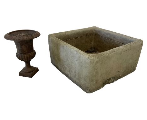 Square cast stone garden trough (48cm x 48cm, H22cm); and small cast metal urn (H27cm)