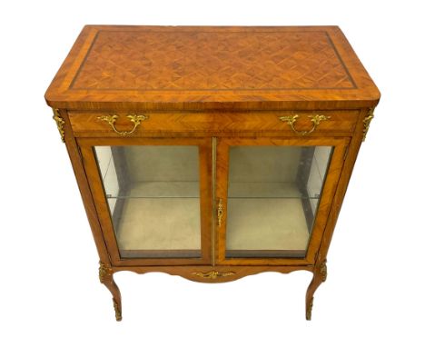 Early 20th century Kingwood parquetry display cabinet, rectangular top with rounded front corners inlaid with a panel of cube