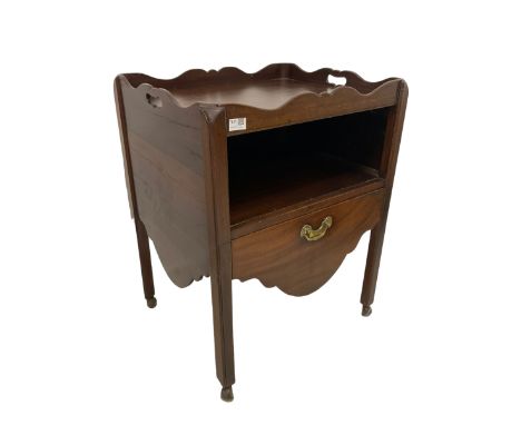 George III mahogany tray top night-cabinet commode, raised gallery with pierced handles, open recessed shelf over sliding dra