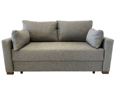 Two seater sofa bed upholstered in light grey fabricDimensions: Height:&nbsp;75cm&nbsp; Length/Width:&nbsp;164cm&nbsp; Depth/