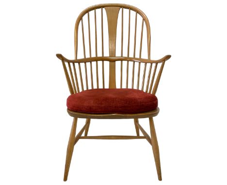 Ercol - mid-20th century elm and beech '472 Double Bow Fireside Chair', Windsor stick back with H-stretcherDimensions: Height