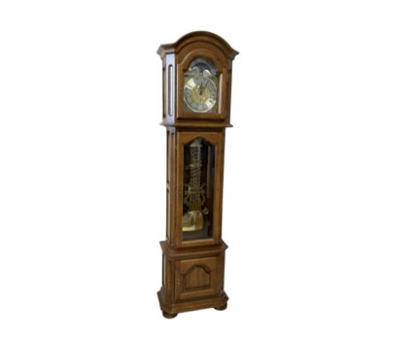 Richard Broad of Bodmin - 20th century  bespoke 8-day oak longcase clock, with a break arch top and conforming hood door, ful