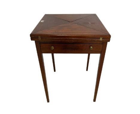 Edwardian mahogany envelope card table, four hinged square top with crossbanding and satinwood and ebony stringing, opening t