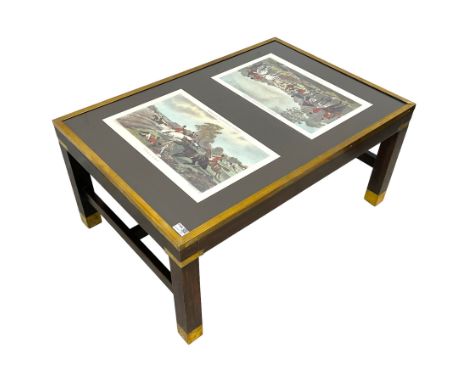 Late 20th century mahogany and brass bound coffee table, with glass inset and two 'Herring's (John Frederick Herring) Fox Hun
