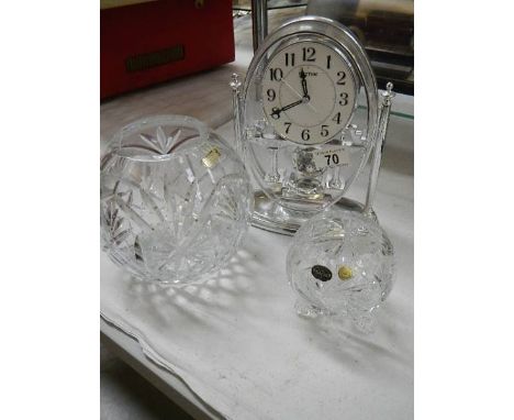 2 lead crystals round vases/posy bowls and a Rhythm clock