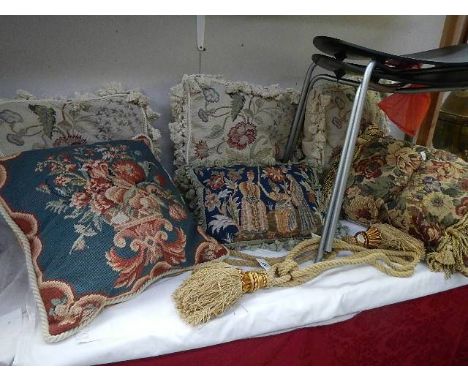 A quantity of good quality tapestry cushions (including 3 Laura Ashley) and curtain tie backs.  (Collect only) ****Condition 