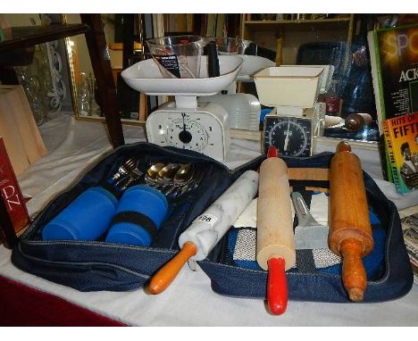 A mixed lot including rolling pins, scales and picnic set.  (Collect only)