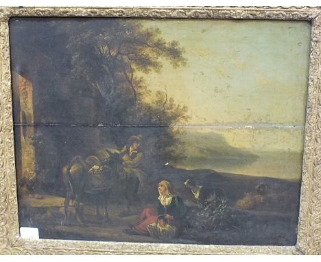 18th Century Italian Follower of Andrea Locatelli PASTORAL SCENE WITH FIGURES AND DONKEY BESIDE RUINS, Unsigned oil on panel,