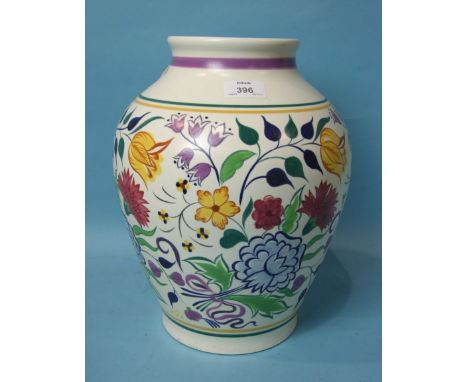 A large Poole Pottery vase of ovoid form with polychrome painted decoration of stylised flowers and foliage, painted dolphin 