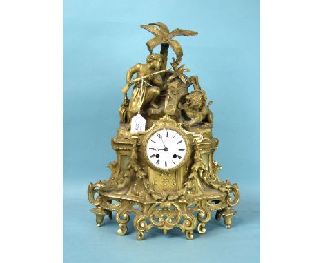 C F Crewes À Paris, a 19th century gilt metal mantel clock, the case surmounted by a lion and hunter, on pierced foliate plin
