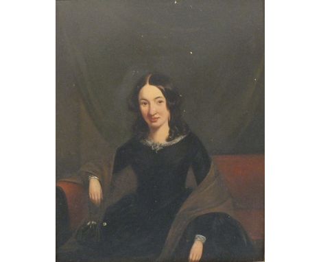 19th century English School PORTRAIT OF A YOUNG WOMAN WEARING A LACE-TRIMMED BLACK DRESS AND SEATED ON A RED UPHOLSTERED SETT