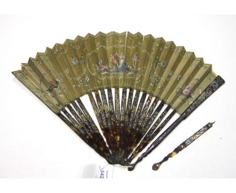 An 18th century tortoiseshell fan, the guards and sticks pierced, carved and with gold and silver overlays, the silk leaf dec