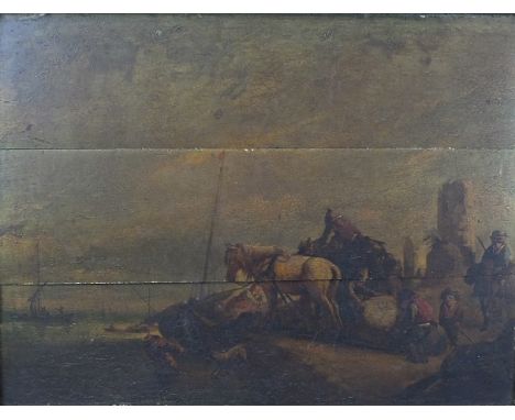Follower of Philips Wouwerman (18th/19th century) FIGURES WITH A HORSE AND CART BESIDE A RIVER, BOATS NEARBY Oil on panel, (s