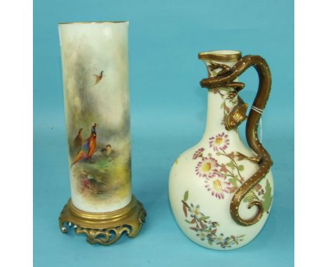 A Royal Worcester blush ivory dragon-handled ewer and a Royal Worcester large vase decorated with Pheasants by James Stinton,