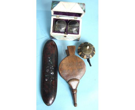 A 19th century mahogany novelty snuff box in the form of a pair of bellows, inset with brass pins forming the words "Forget M