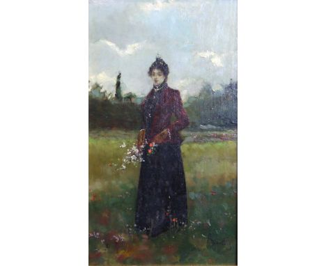 Alfred Emile Leopold Stevens (1823-1906) SPRING FLOWERS, FIGURE OF A YOUNG WOMAN PICKING WILD FLOWERS WITH LANDSCAPE BEHIND S