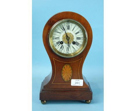 An Edwardian balloon-shaped inlaid mahogany mantel clock with white ceramic dial and French drum movement stamped 'A D Mougin