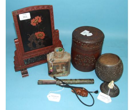 A carved Chinese bamboo box and cover, a similar coconut box with ivory finial, a tea caddy, a lacquer screen, a Chinese chop