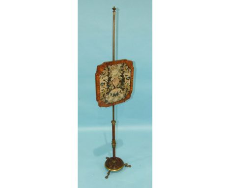 A 19th century Continental rosewood and bronze pole screen, the needlework panel supported by a pole and bronze-mounted rosew