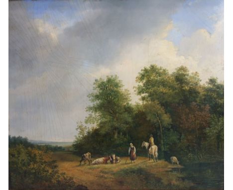19th century Continental School FIGURES, CATTLE AND SHEEP BESIDE A WOOD AND STREAM Oil on panel, 43 x 50cm.