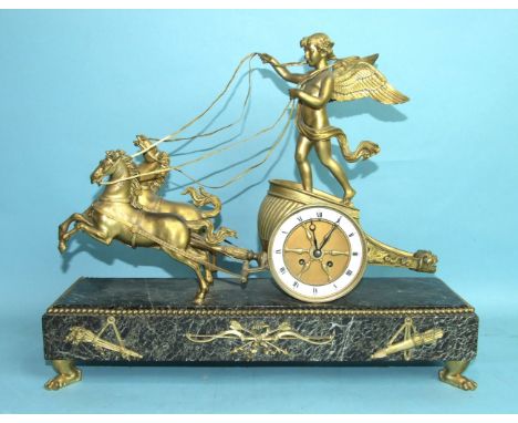 A 19th century French ormolu and marble mantel clock in the form of a chariot driven by a cherub and two horses, the chariot 