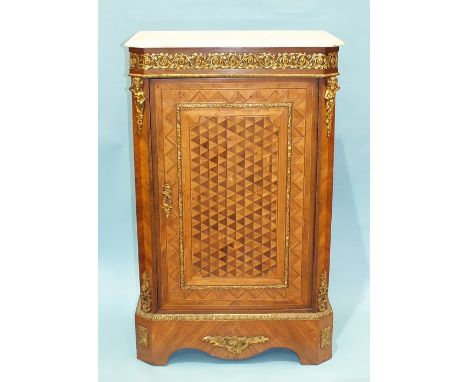 A 19th century French parquetry pier cabinet with white marble top and overall parquetry inlay with ormolu mounts, on plinth 