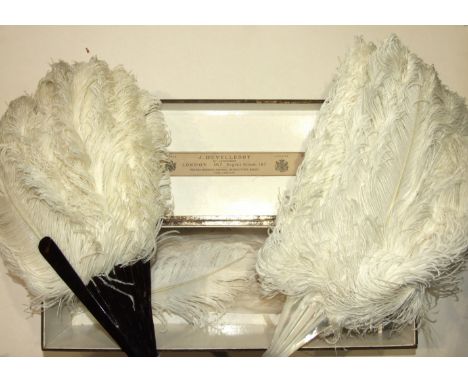 Two 19th century Ostrich feather fans, one tortoiseshell and the other mother-of-pearl, 42cm and 47cm and a small black fan i