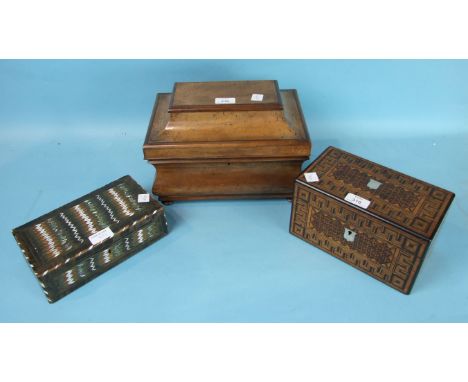 A 19th century mahogany bombe-shaped sarcophagus work box with fitted interior tray, on bun feet, 22cm wide, a Victorian parq