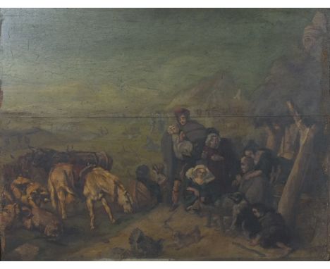 19th century English School FIGURES AND ANIMALS IN A LANDSCAPE Oil on panel, 47 x 62cm.