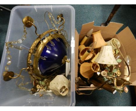 Two boxes of wall lighting and shades and a French style plafonnier