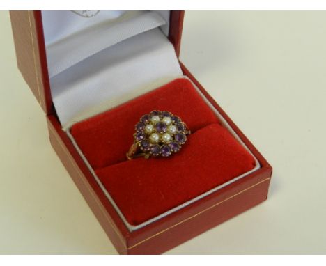 A 9ct gold amethyst seed pearl dress ring