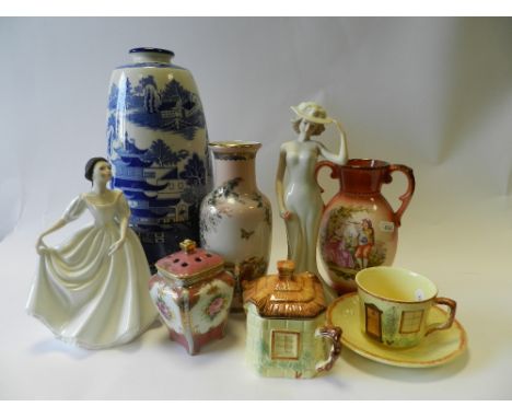 Two trays of decorative ceramics to include: a Mintons blue and white willow pattern vase, a selection of cottage ware tea wa
